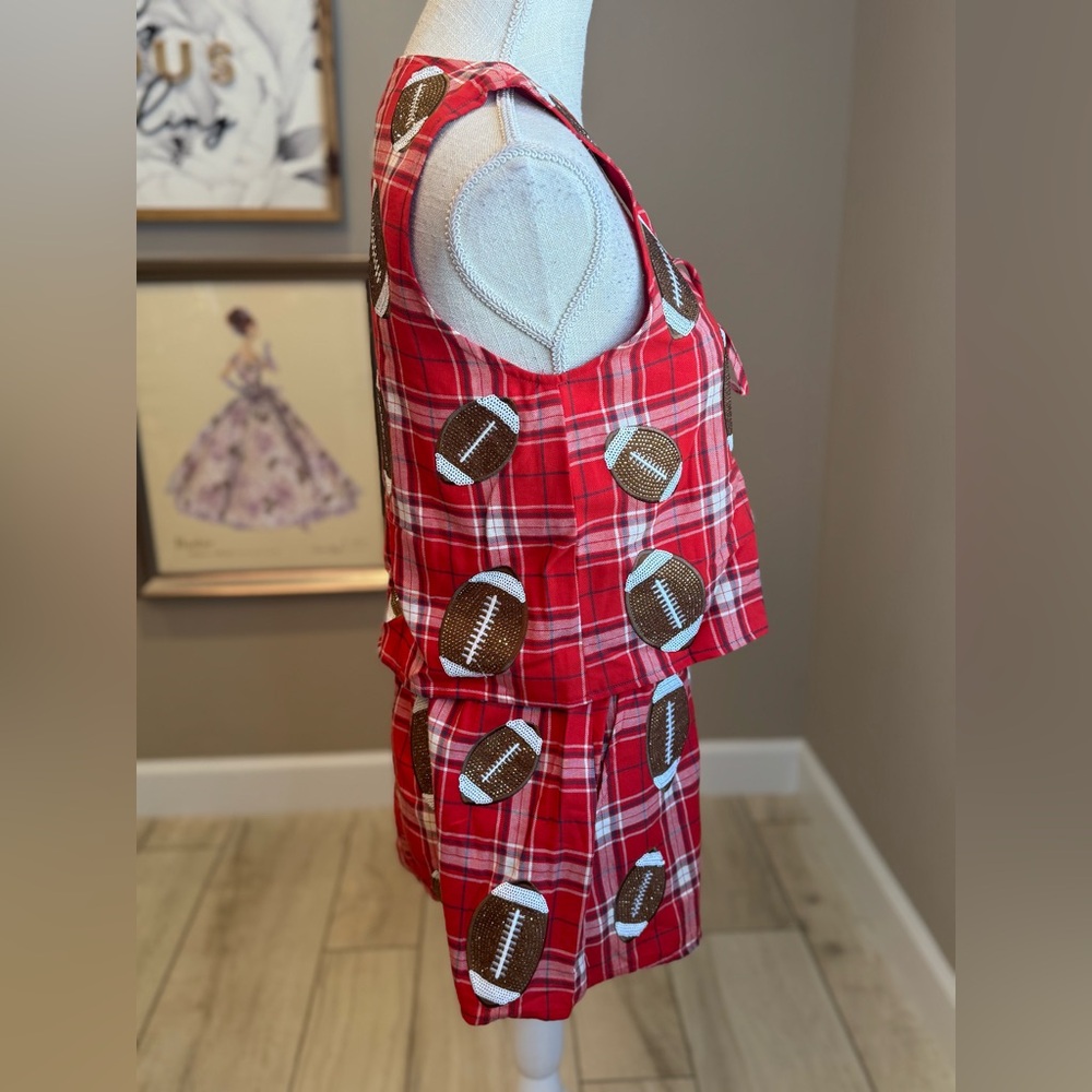 New! Rare SET! QUEEN OF SPARKLES Red Plaid Rhinestone Football Shorts & Tank - Picture 6 of 13